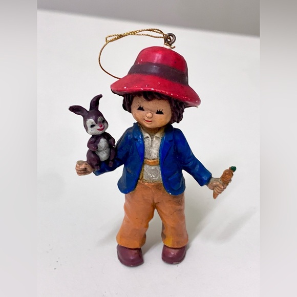 Vintage Miniature Resin Composite Boy w/ Rabbit & Carrot Figurine Ornament - Picture 1 of 10